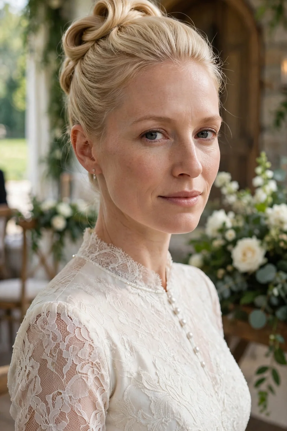 Woman with a classic French twist updo on thin hair