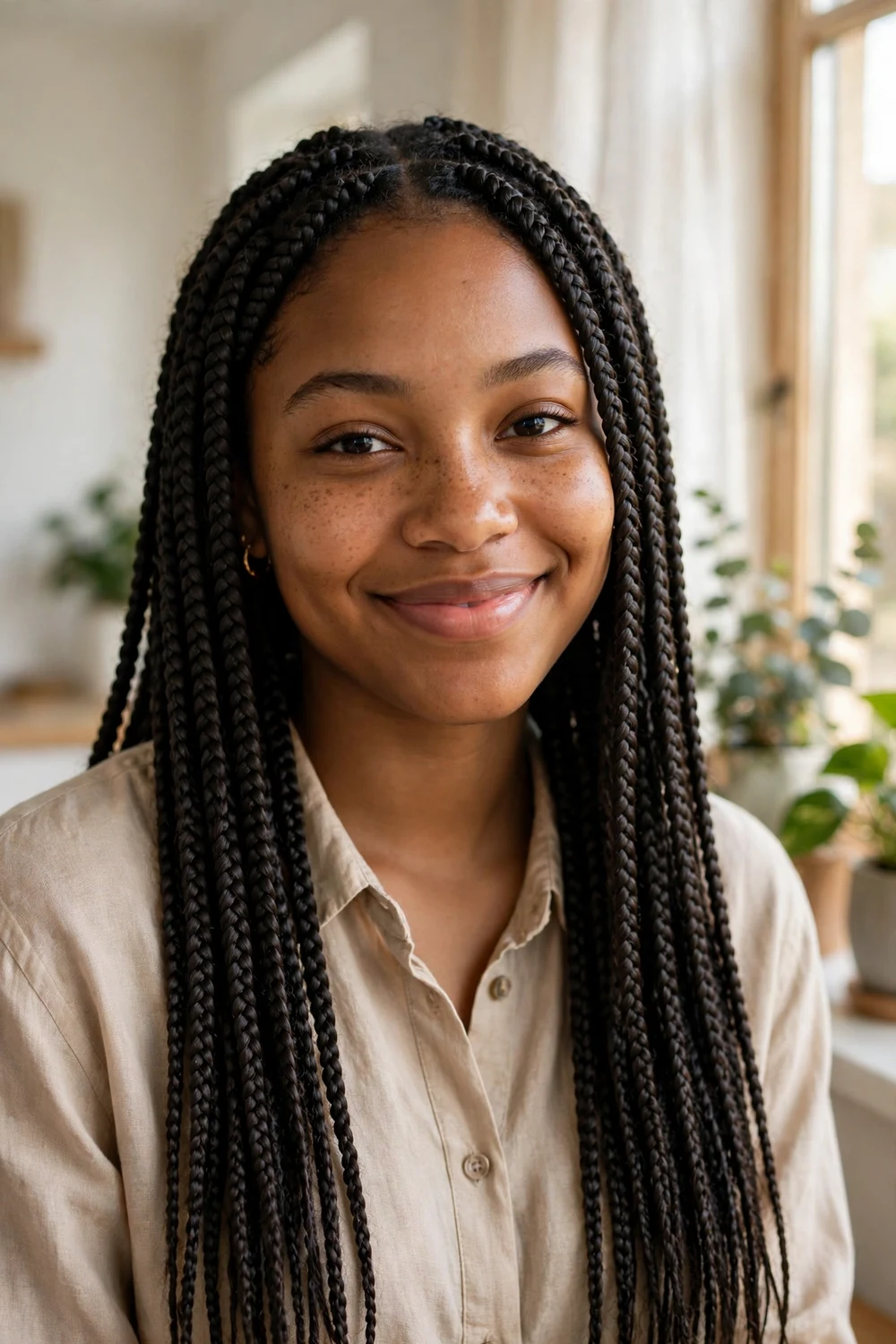 Woman with freshly installed neat box braids