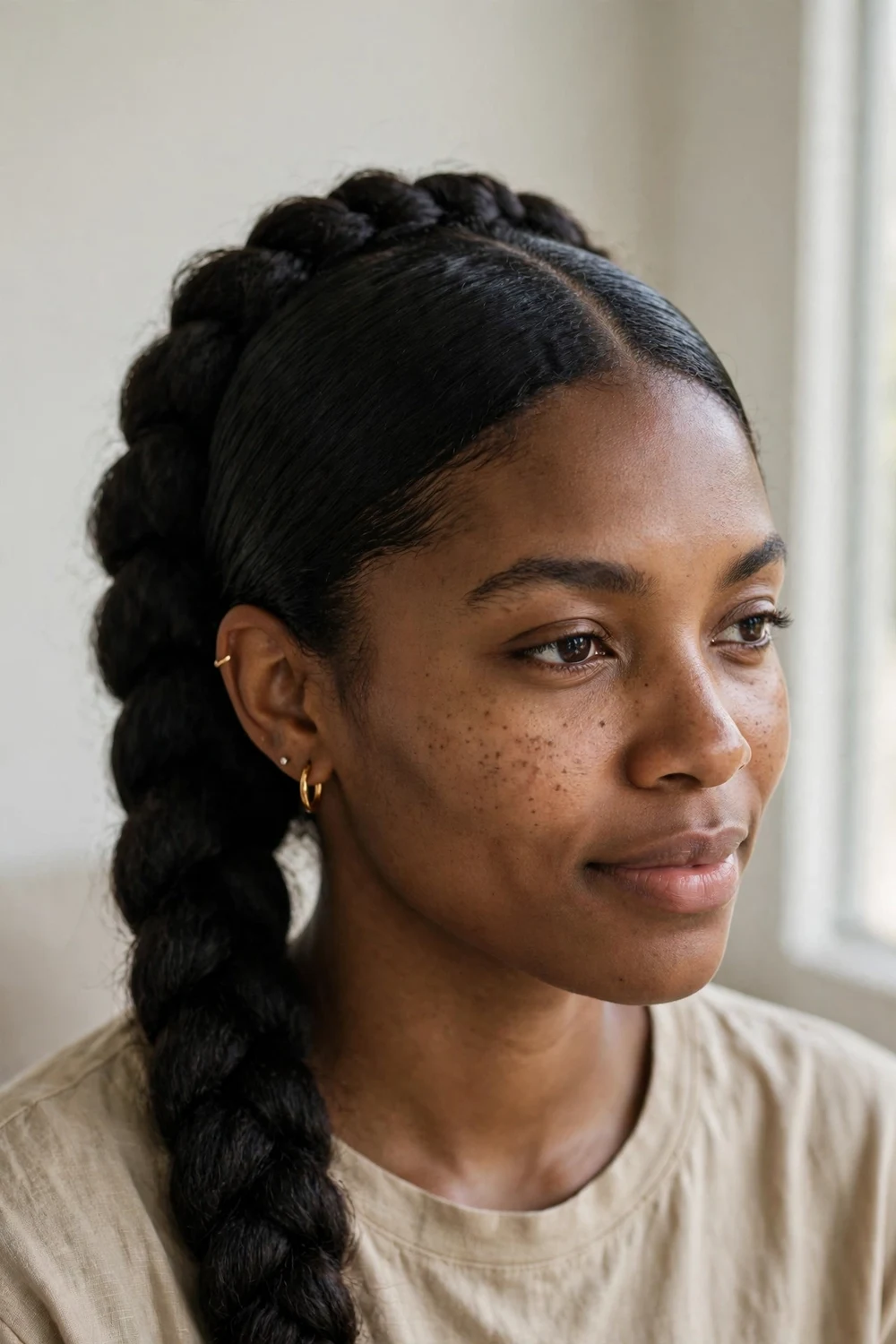 Frohawk braid running front to back with smoothed sides