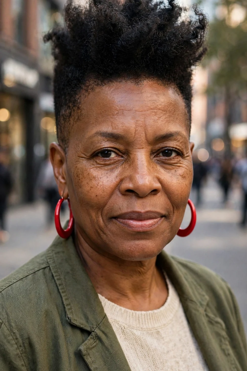 Older Black woman with a frohawk with tapered sides