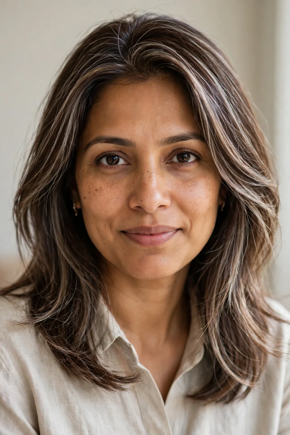 Woman with cool frosted mocha highlights on brown hair, natural daylight