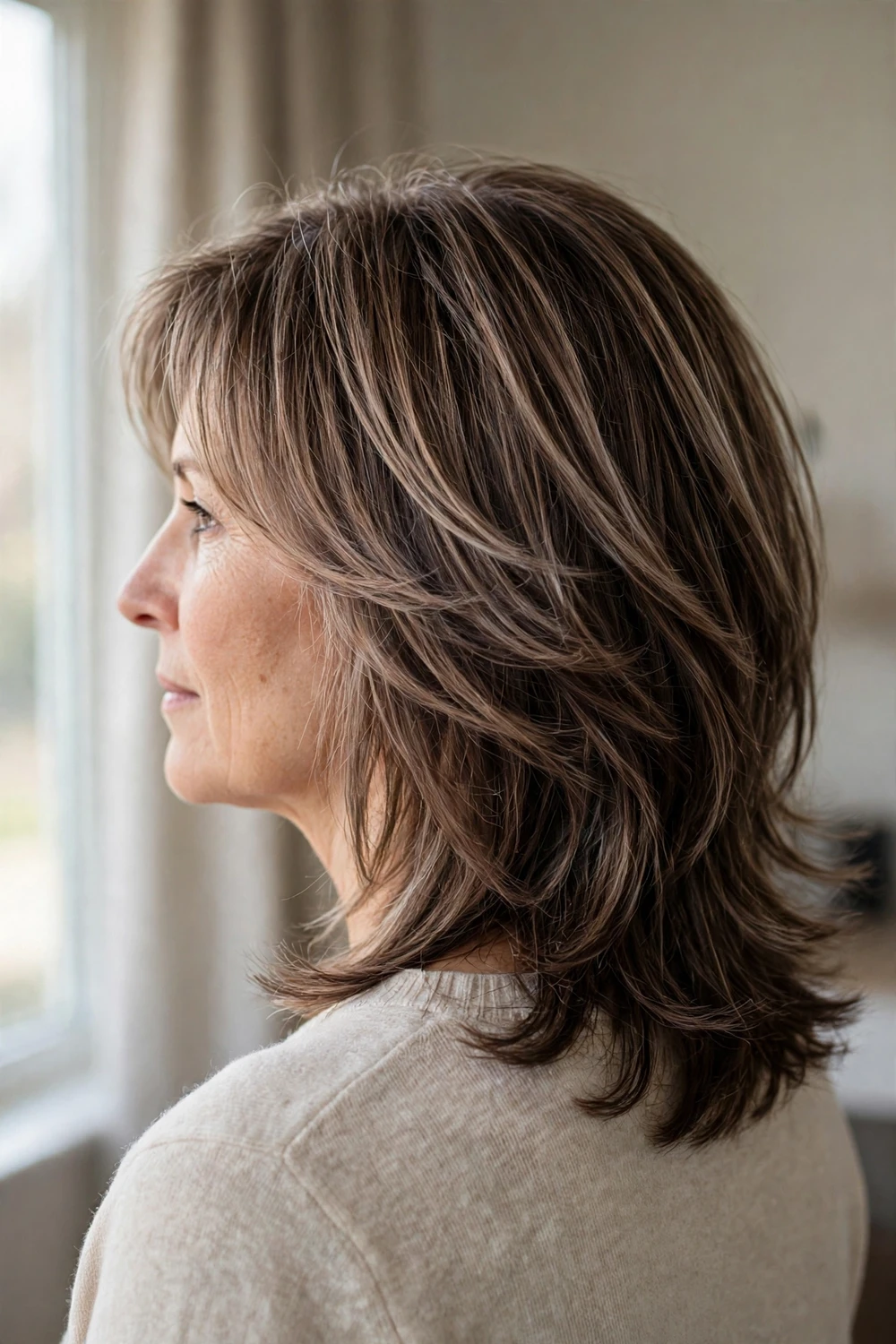 Woman with frosted mocha layered hair in deep mocha brown with cool frosted accents