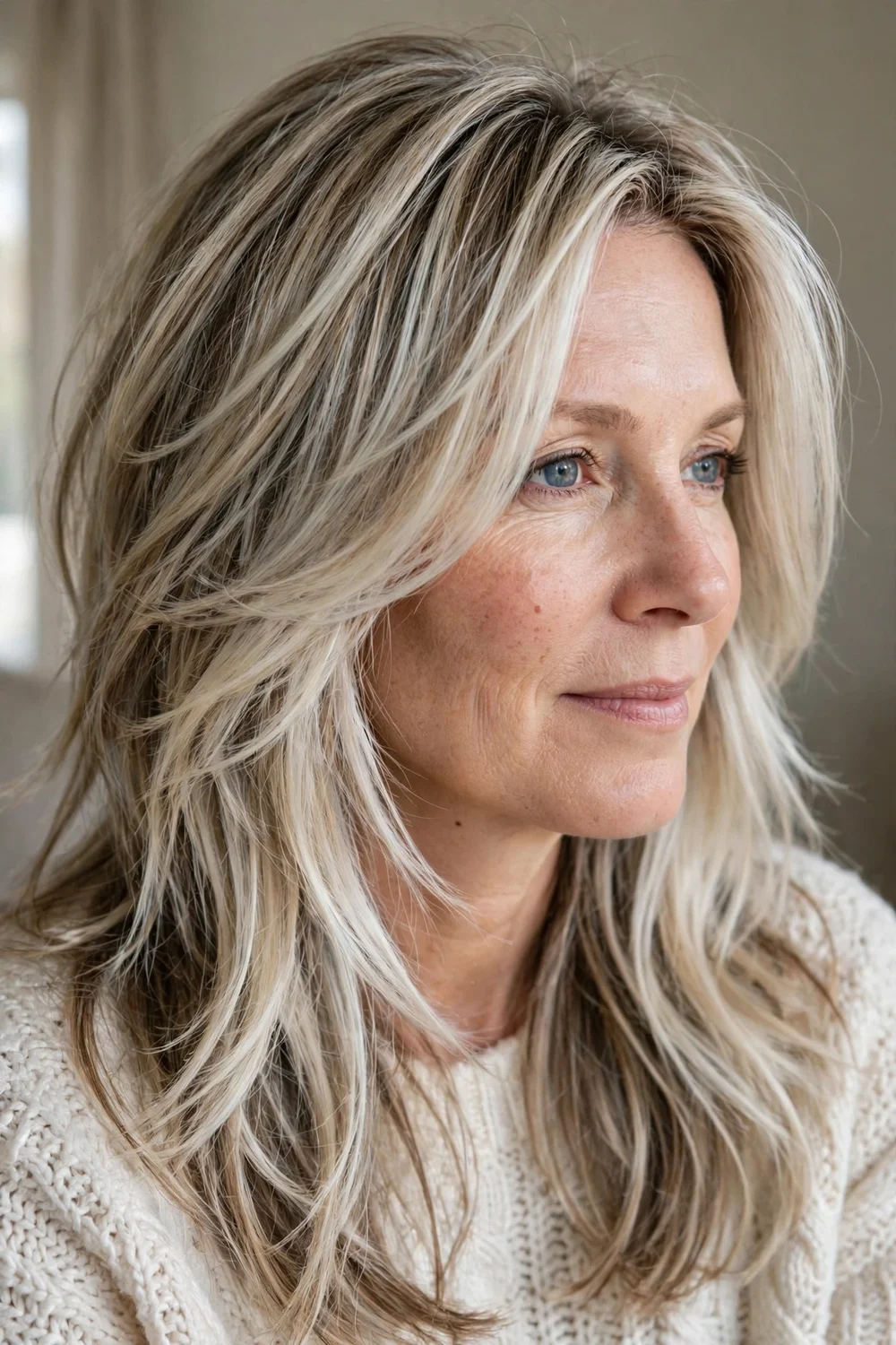 Woman with frosty blonde textured balayage highlights