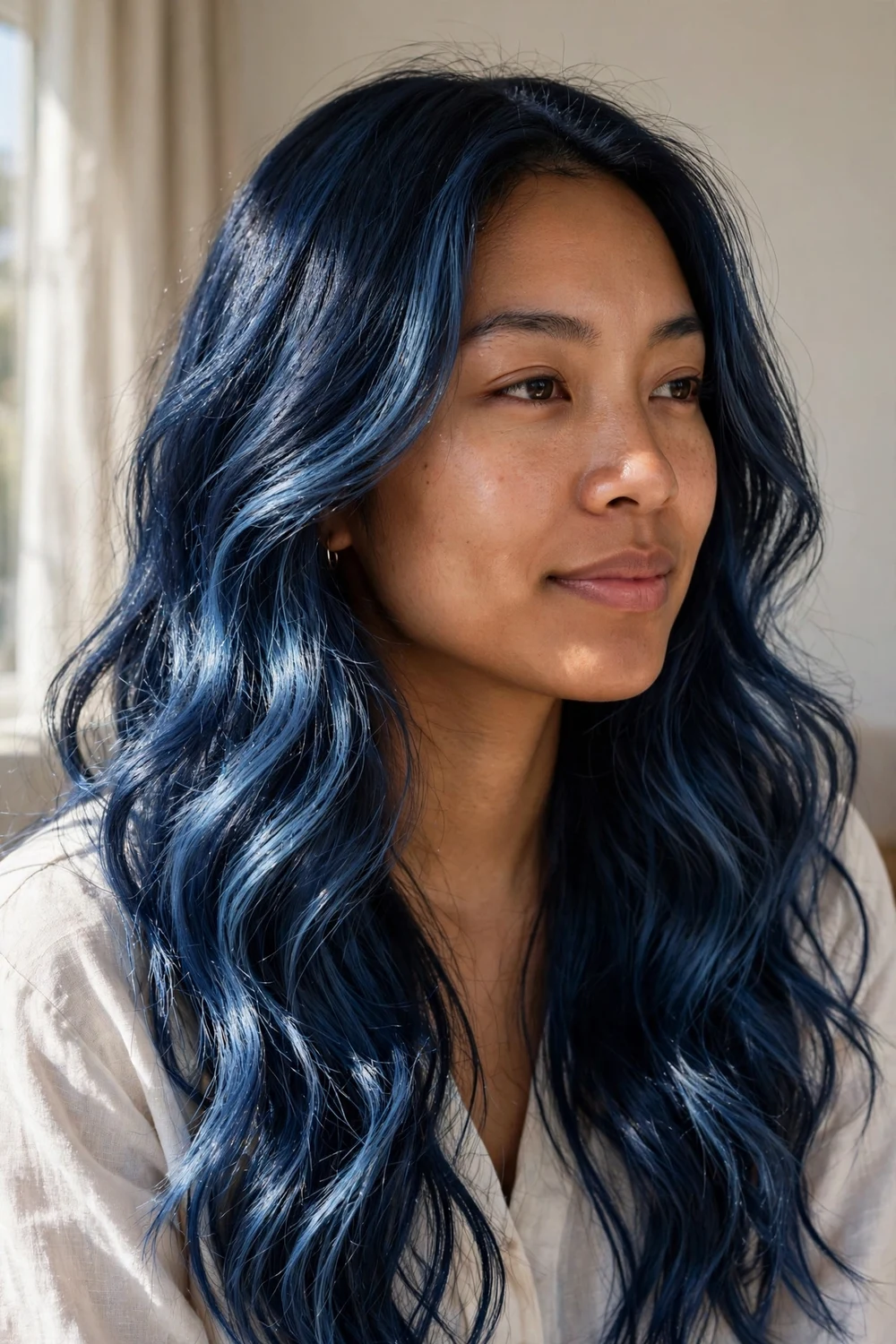 Frosty midnight blue long wavy hair with deep blue-black tones