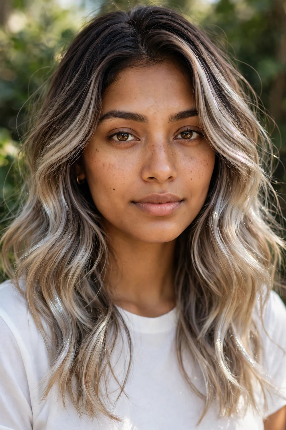 Woman with frosty pearl balayage giving silver shimmer over light blonde hair