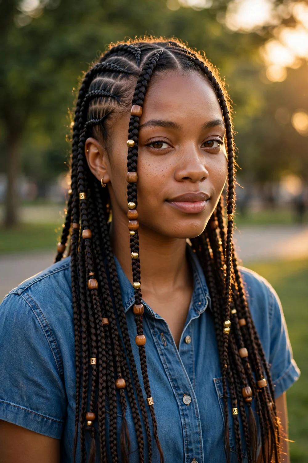 Woman with Fulani braids decorated with wooden beads, side view