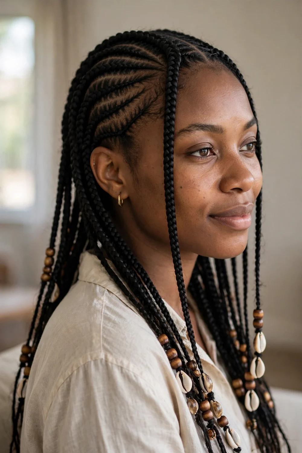 Fulani braids with beads and cowrie shells