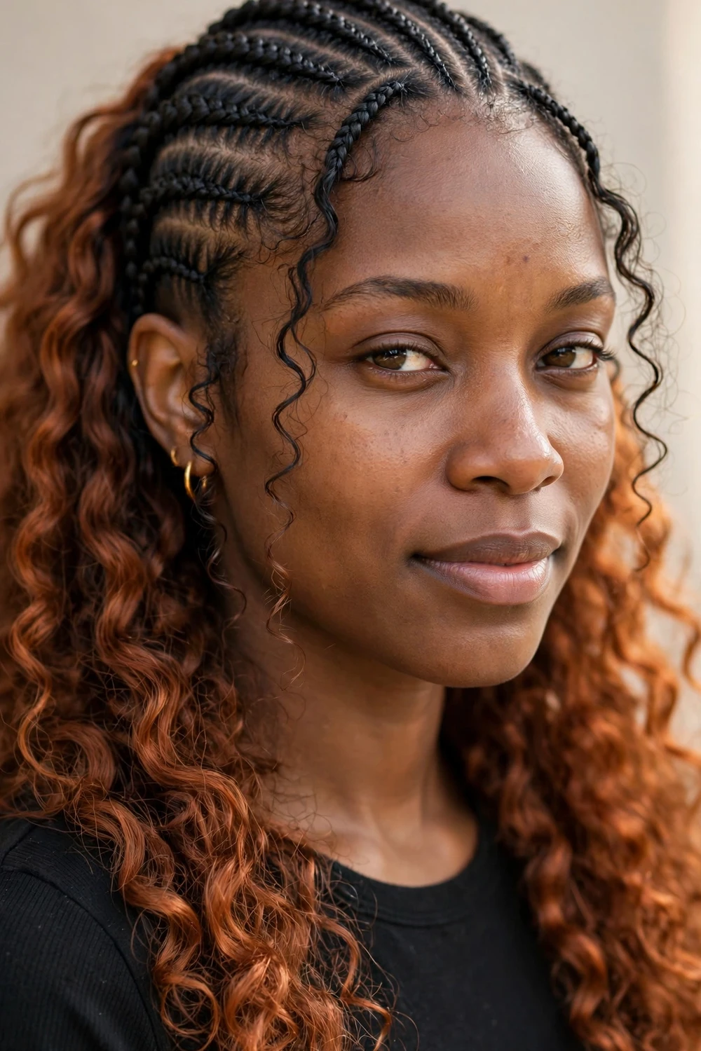 Copper Fulani braids with temple tendrils and curls