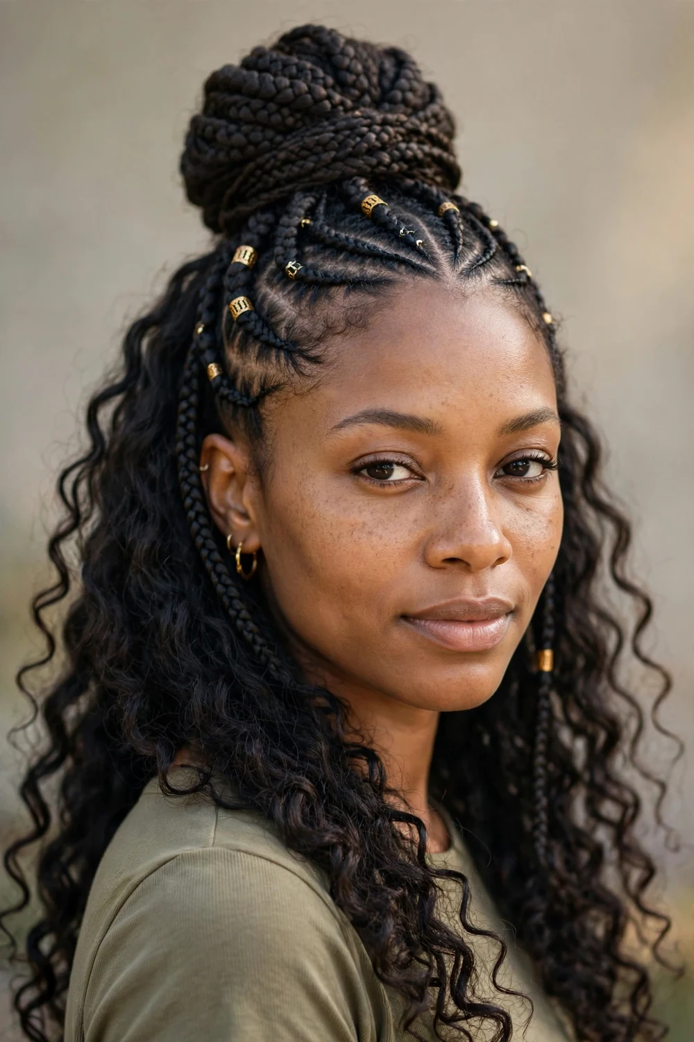 Half-up half-down Fulani braids hairstyle with curls