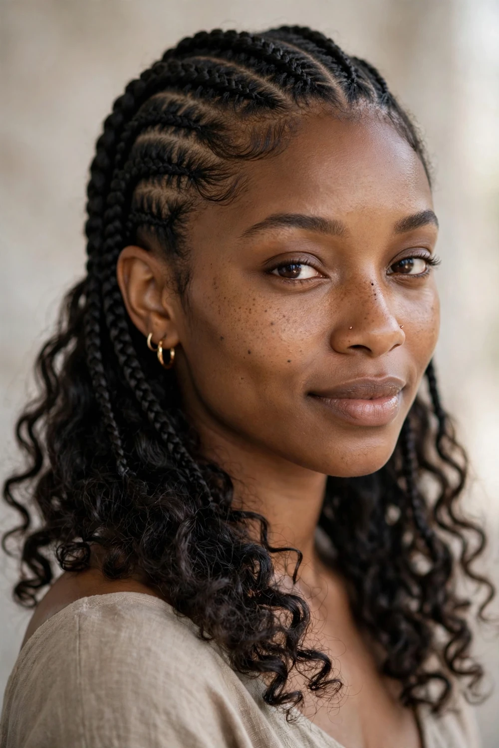 Knotless Fulani braids hairstyle with curls