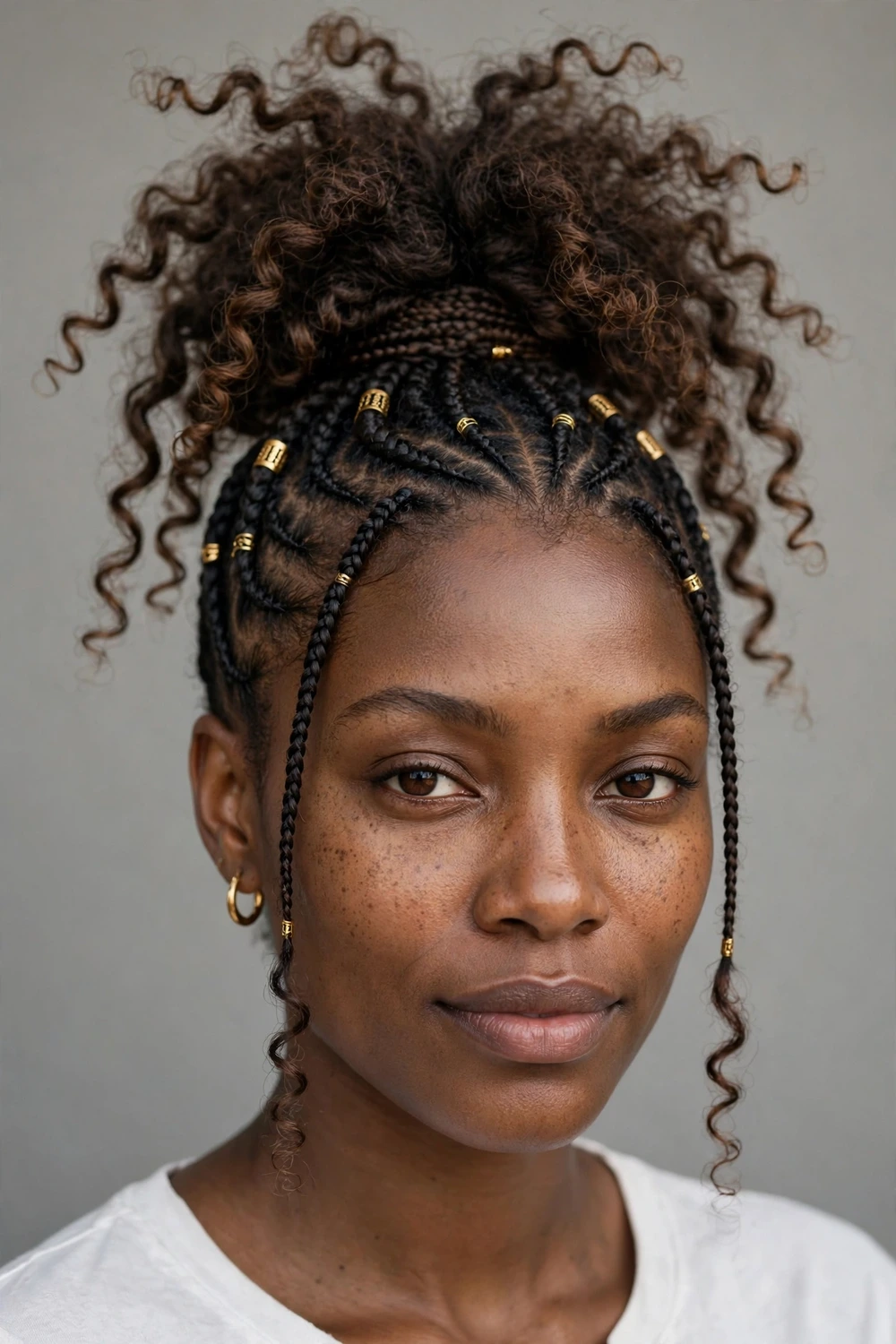 Fulani braids in pineapple puff ponytail with curly ends