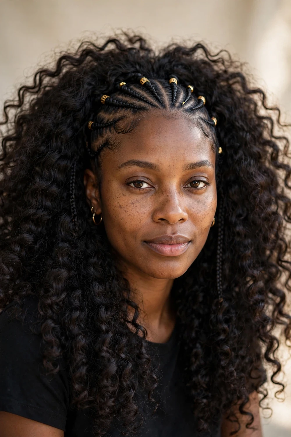 Half feed-in cornrows half curly sew-in Fulani style