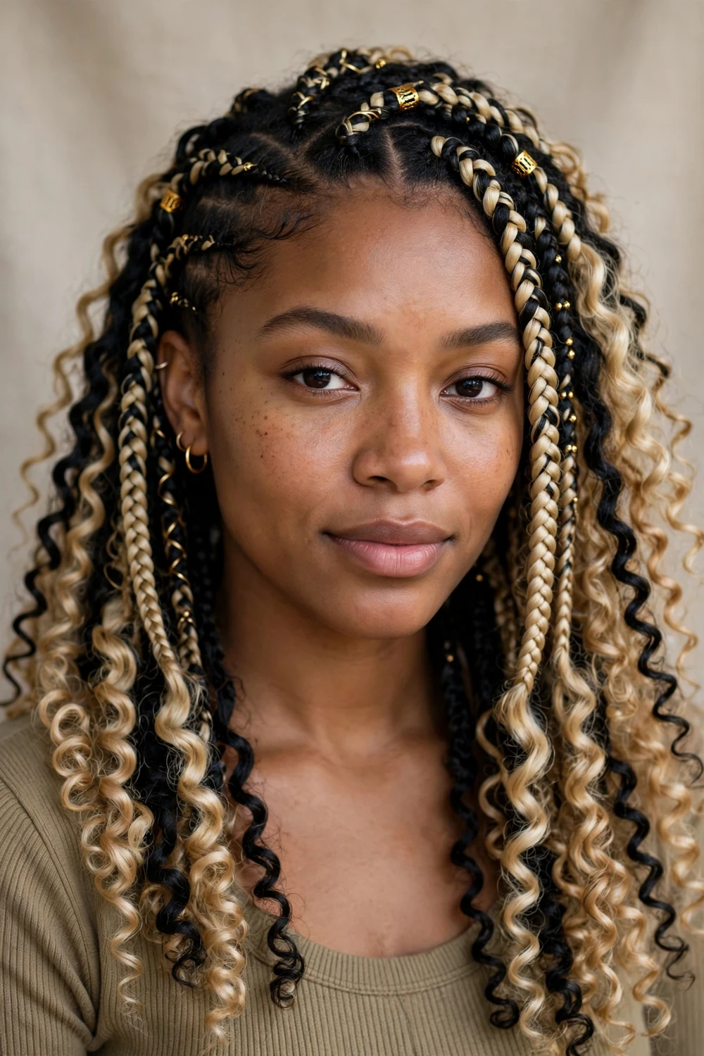 Two-tone black and blonde Fulani braids with curls