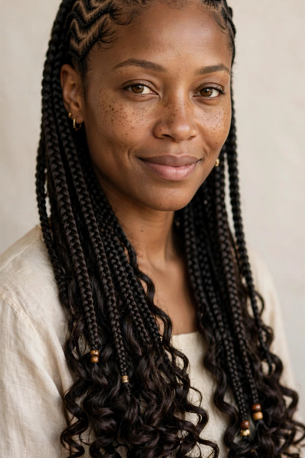 Zigzag-pattern Fulani braids with curls