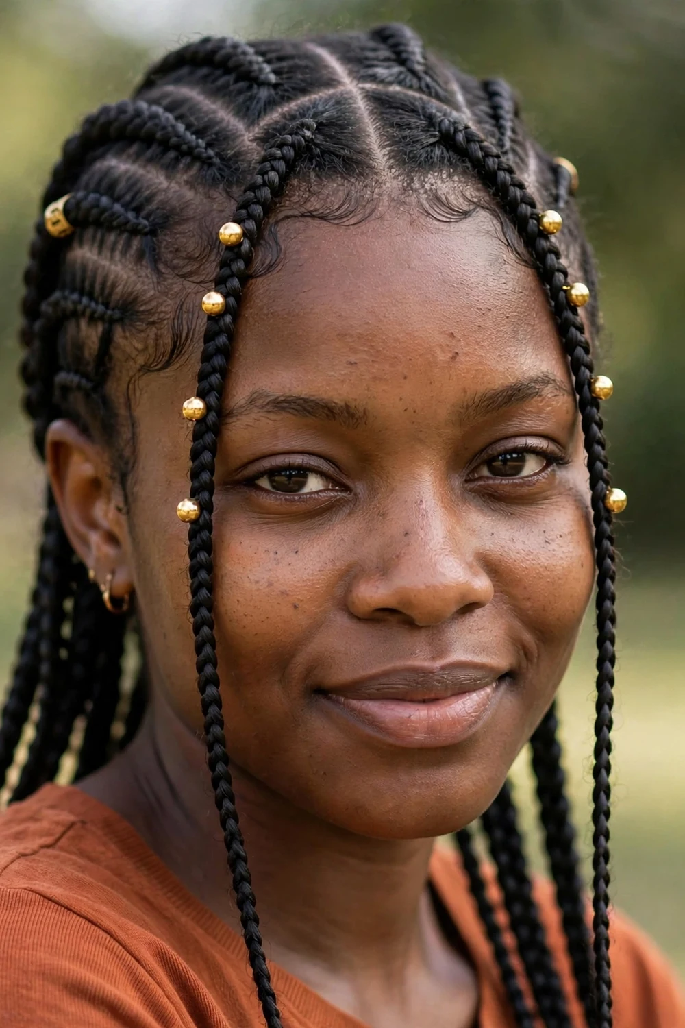Woman with Fulani braids with center part and decorative beads