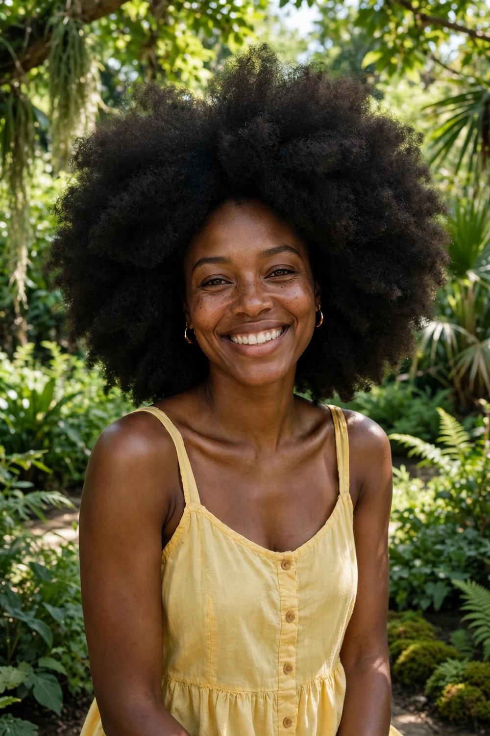 Woman with a full rounded afro, natural summer hairstyle