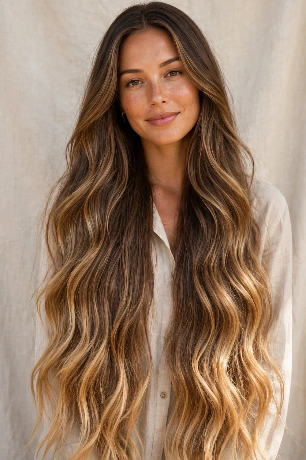 Woman with full balayage on very long hair, cascading brightness