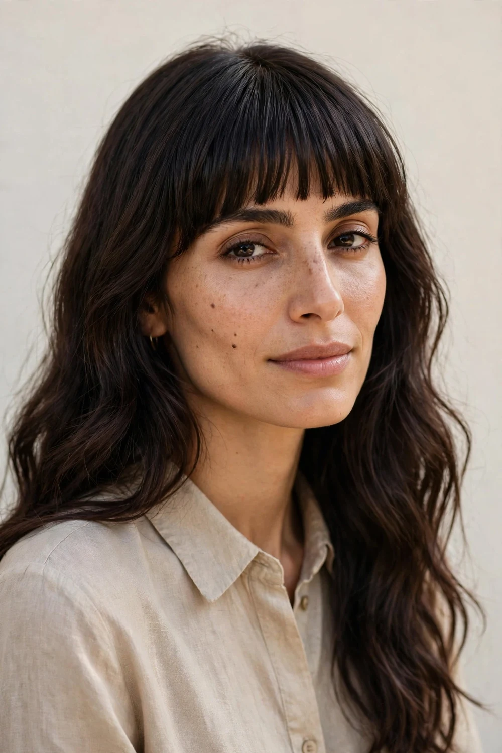 Middle Eastern woman in her late twenties with an oblong face and long dark brown hair with full blunt bangs