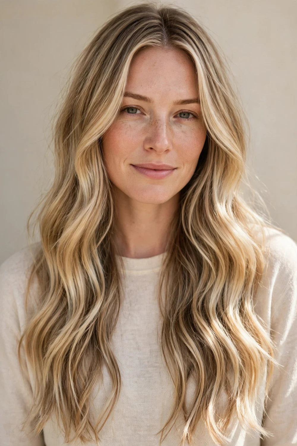 Woman with full blonde balayage, all-over brightness
