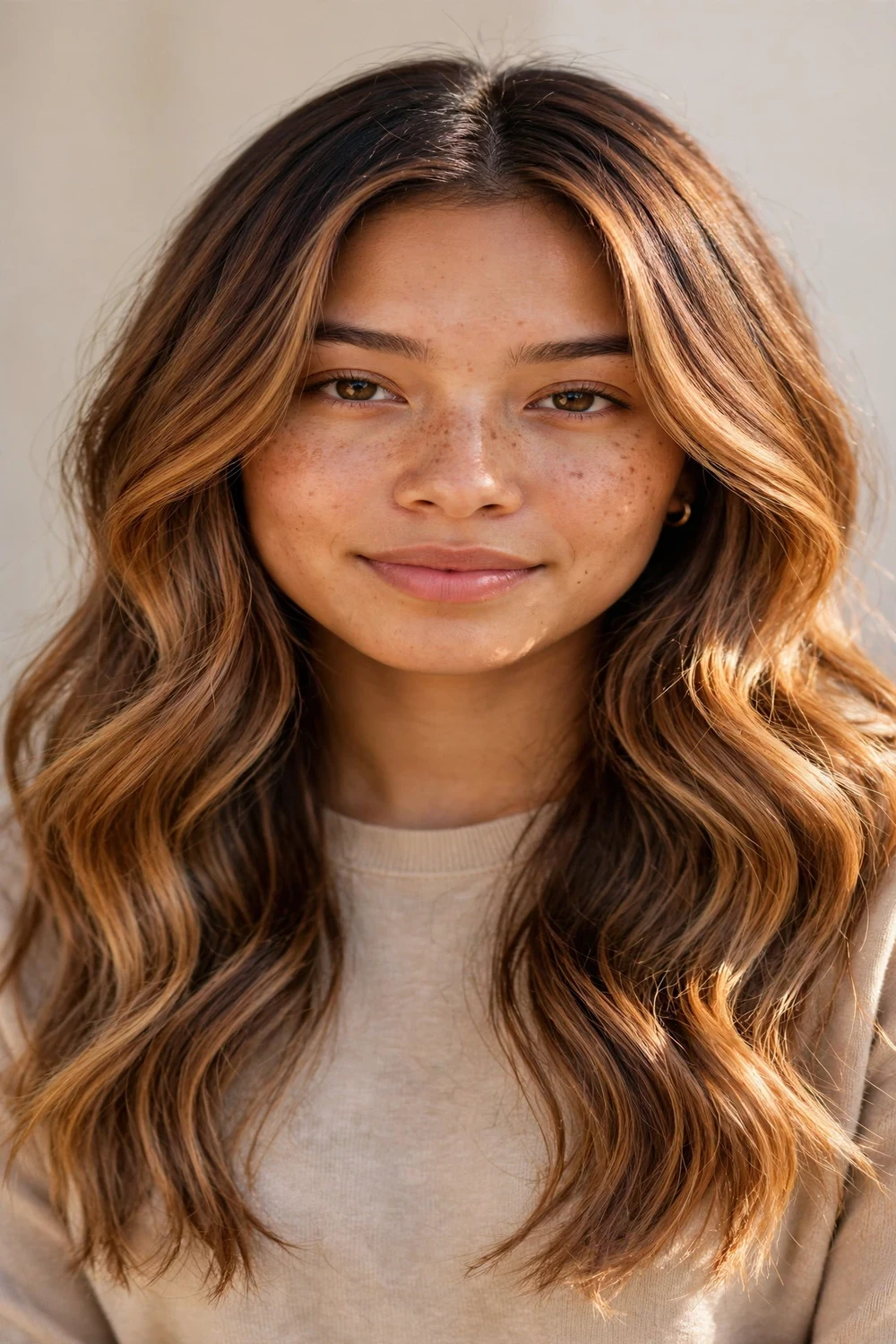 Woman with full caramel balayage, warm all-over dimension