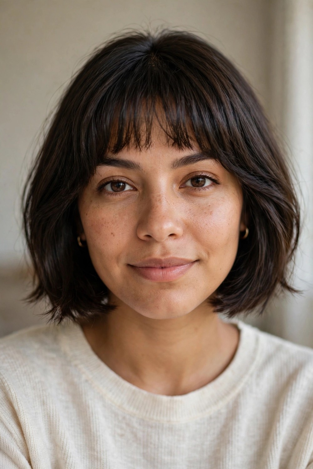 Chin-length bob with soft feathered full fringe on dark brown fine hair