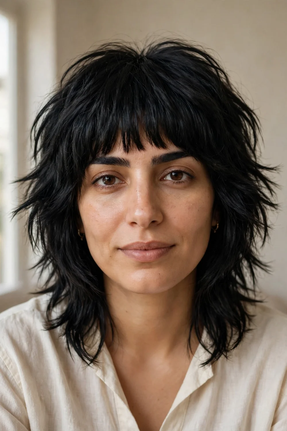 Full fringe wolf cut with bold heavy bangs on black medium hair