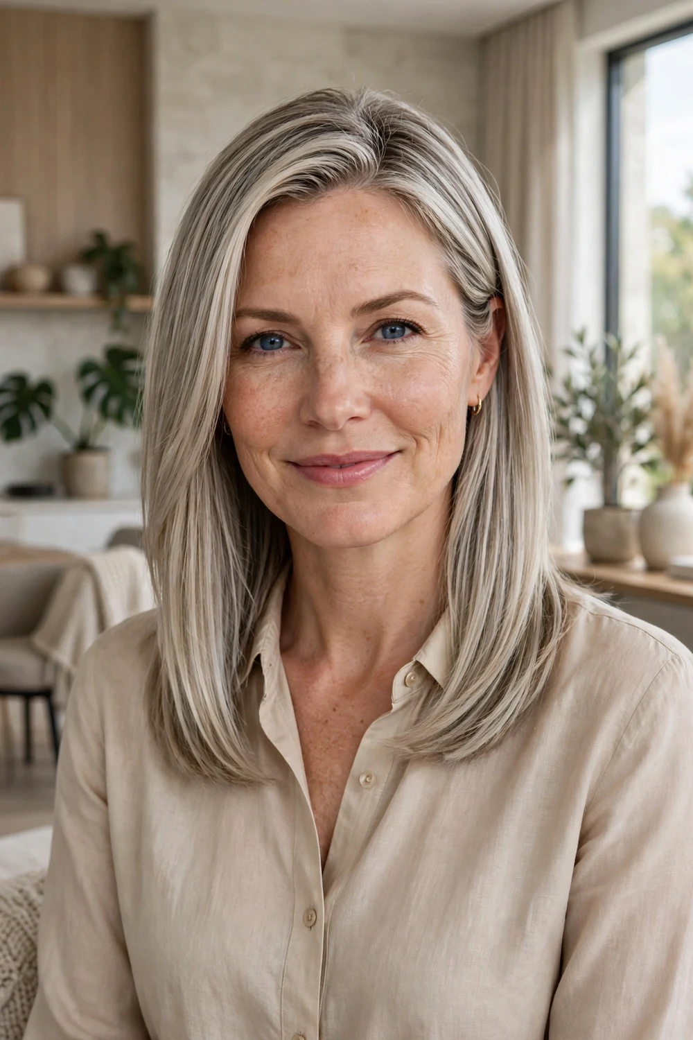 Woman with cool ash blonde full highlights