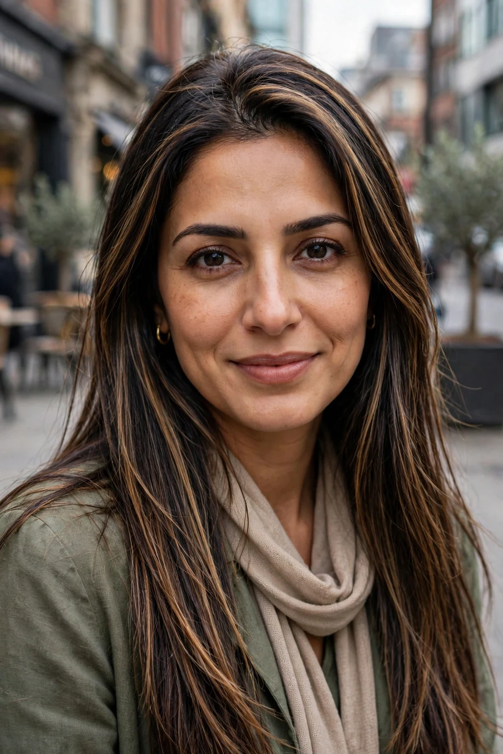 Woman with dimensional full highlights on straight long hair