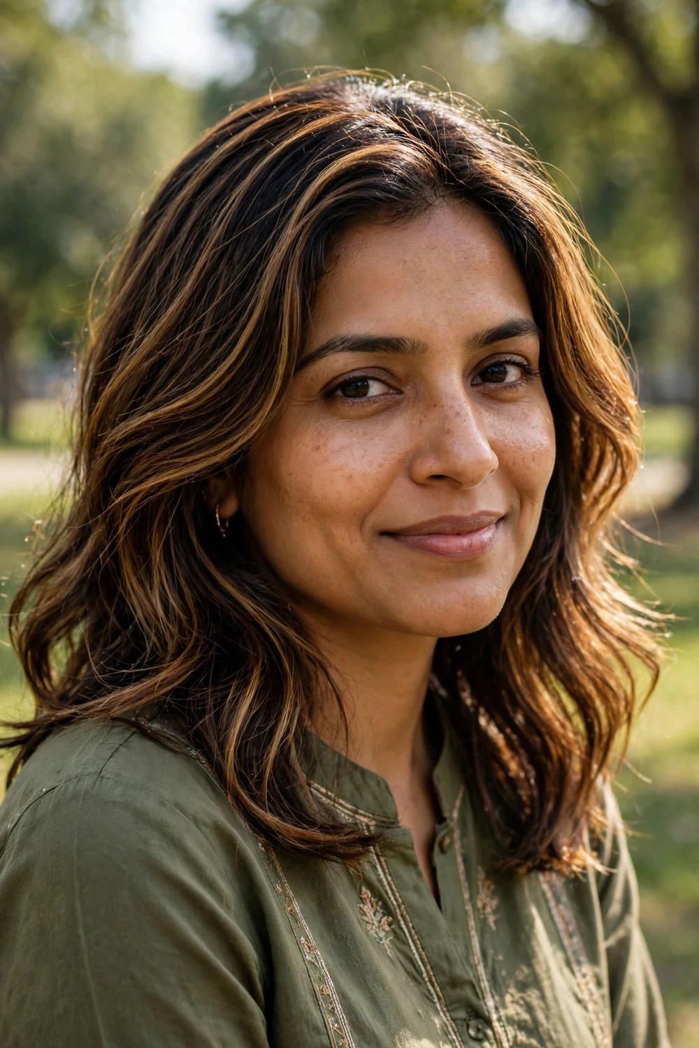 Brunette woman with a full head of golden caramel highlights
