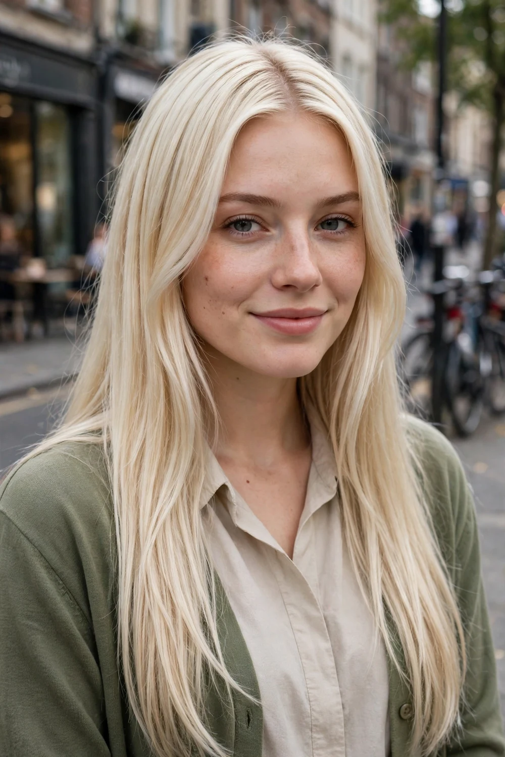 Woman with a full head of platinum blonde highlights