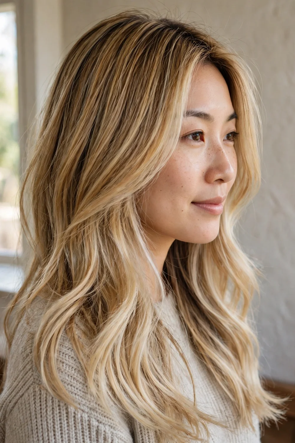 Woman with full spectrum multi-shade blonde balayage