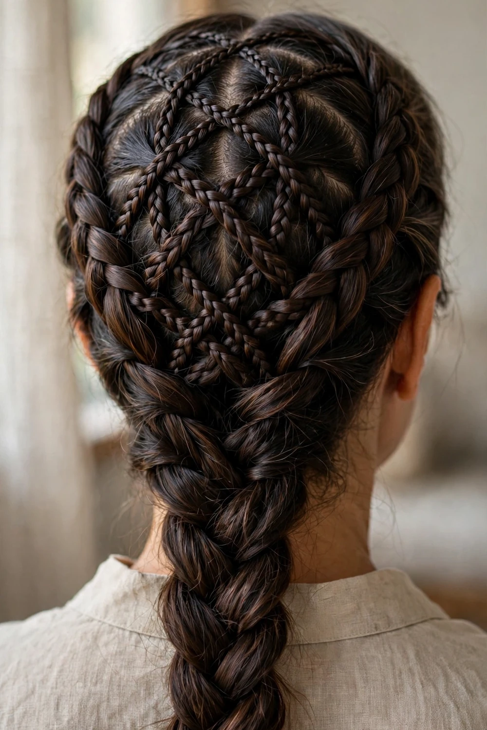 Intricate fully braided vintage Christmas hairstyle covering the back of the head