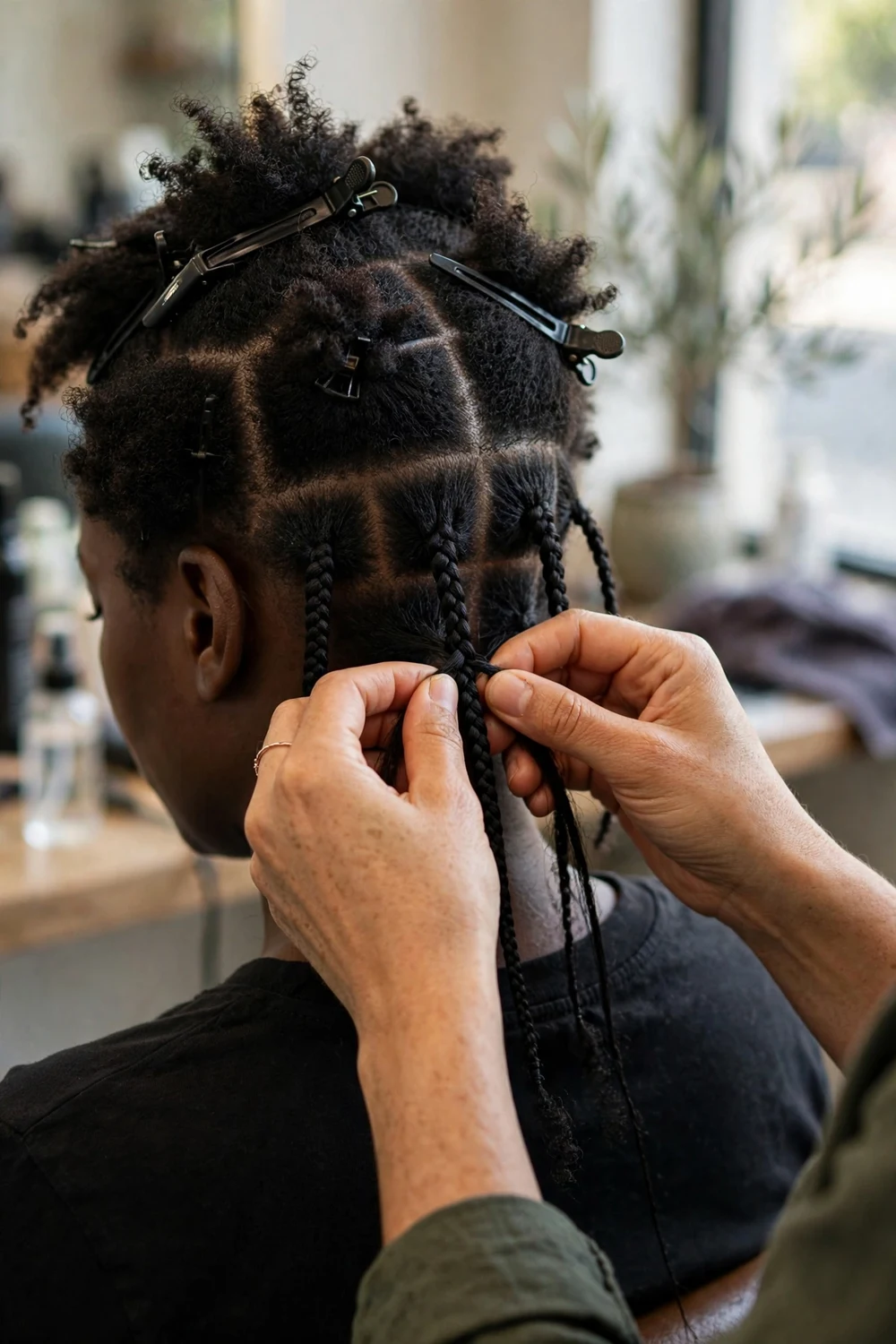 Braider installing box braids with comfortable, even tension