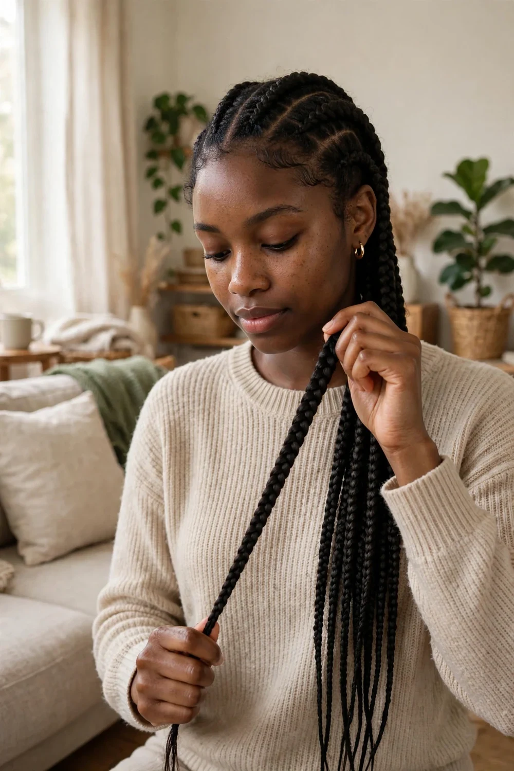 Woman gently stretching a single box braid to ease root tension