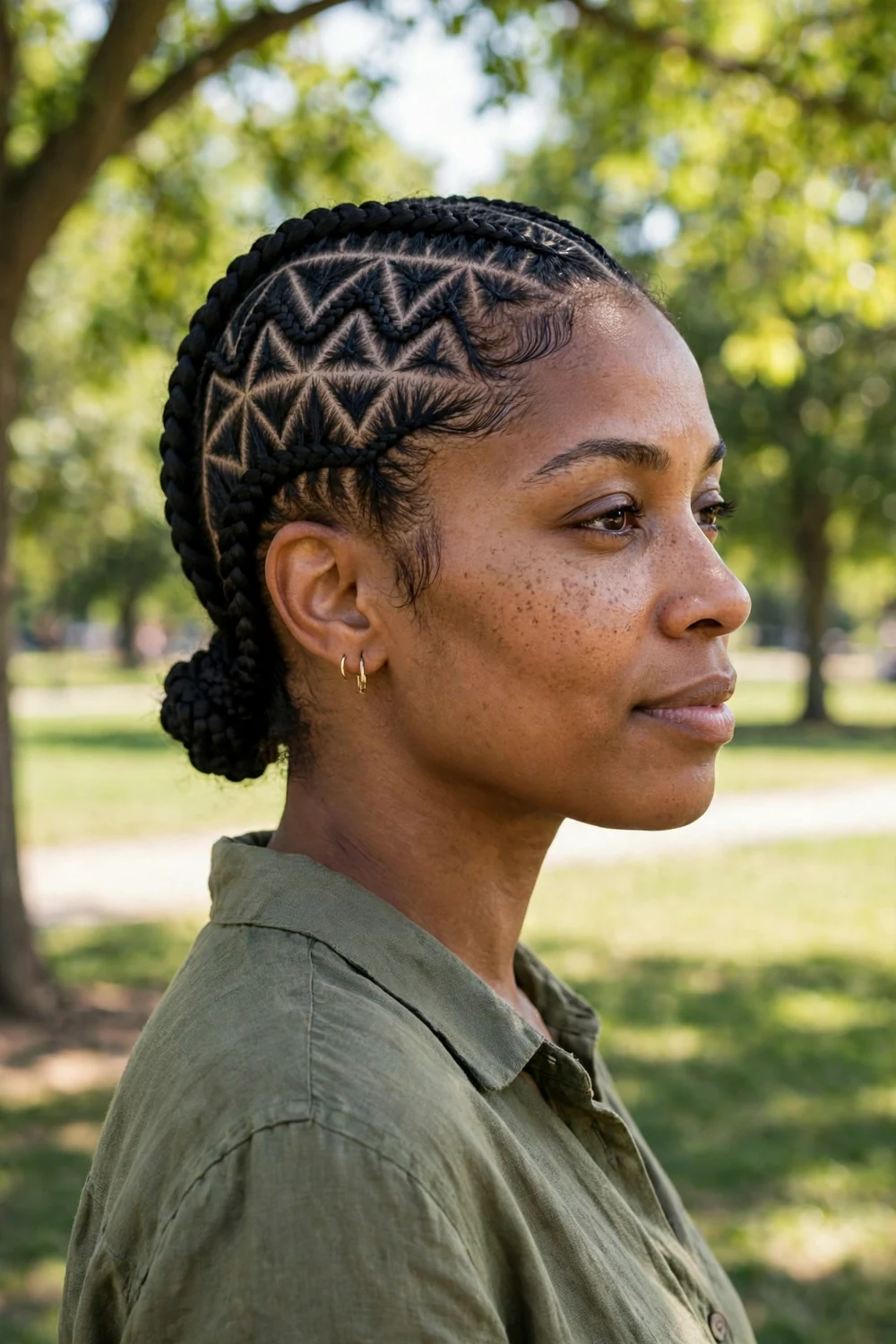 Woman with geometric cornrow patterns braided close to the scalp