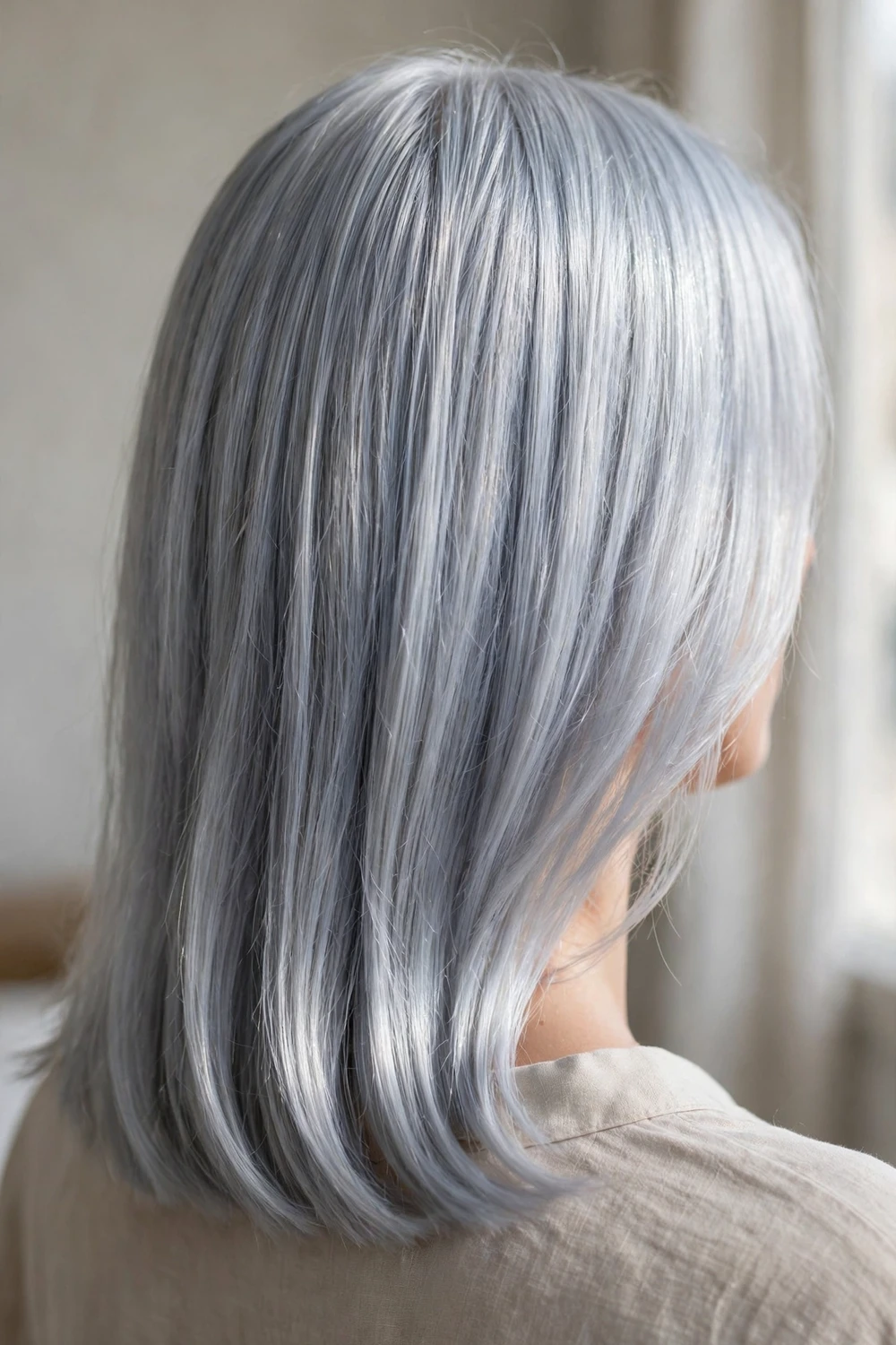 Woman with glacier silver straight hair in a bold metallic silver shade
