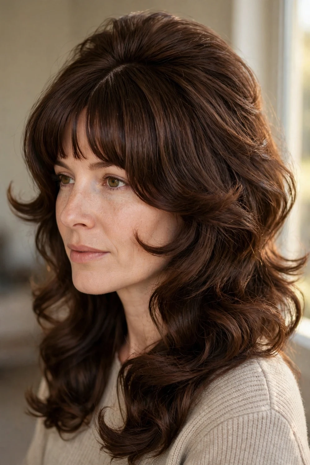 Woman with glam blowout and bottleneck bangs