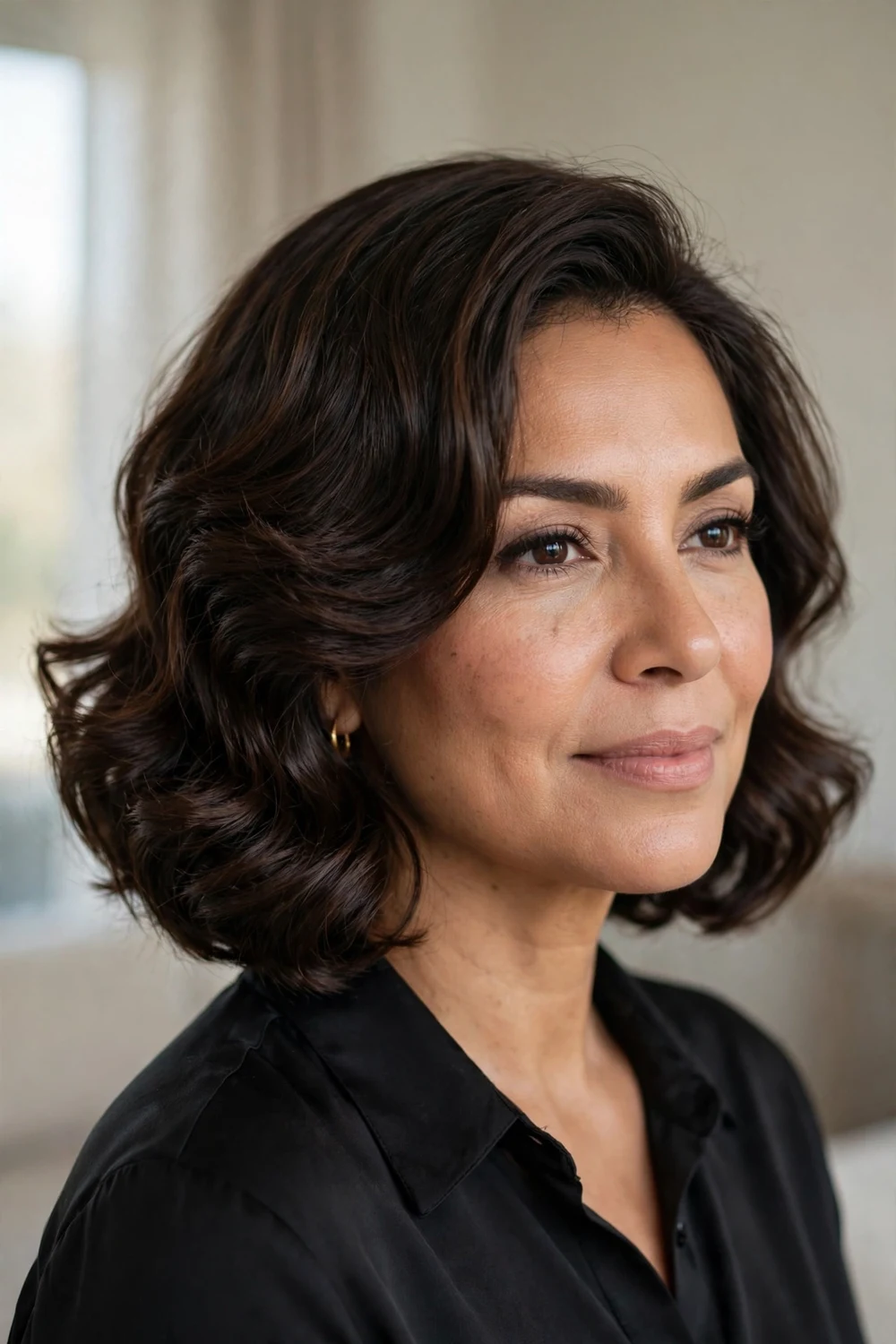 Glamorous evening wavy bob with bouncy side-swept waves on dark chocolate hair, front three-quarter view