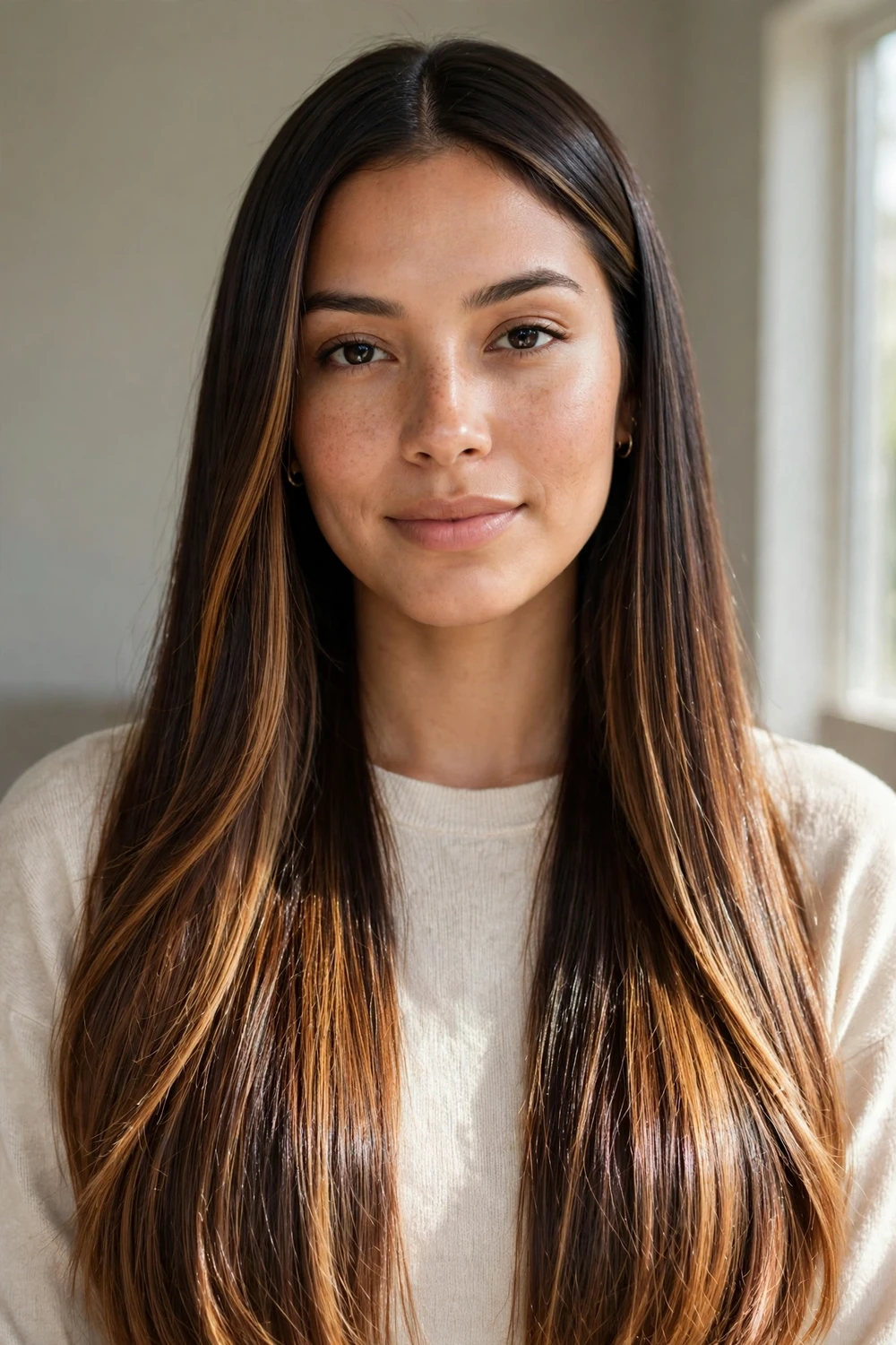 Ultra-sleek glass straight dark brown hair with glossy caramel balayage