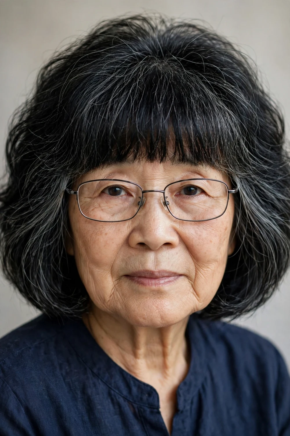 Woman in her early 70s wearing glasses with straight bob and fringe, front view