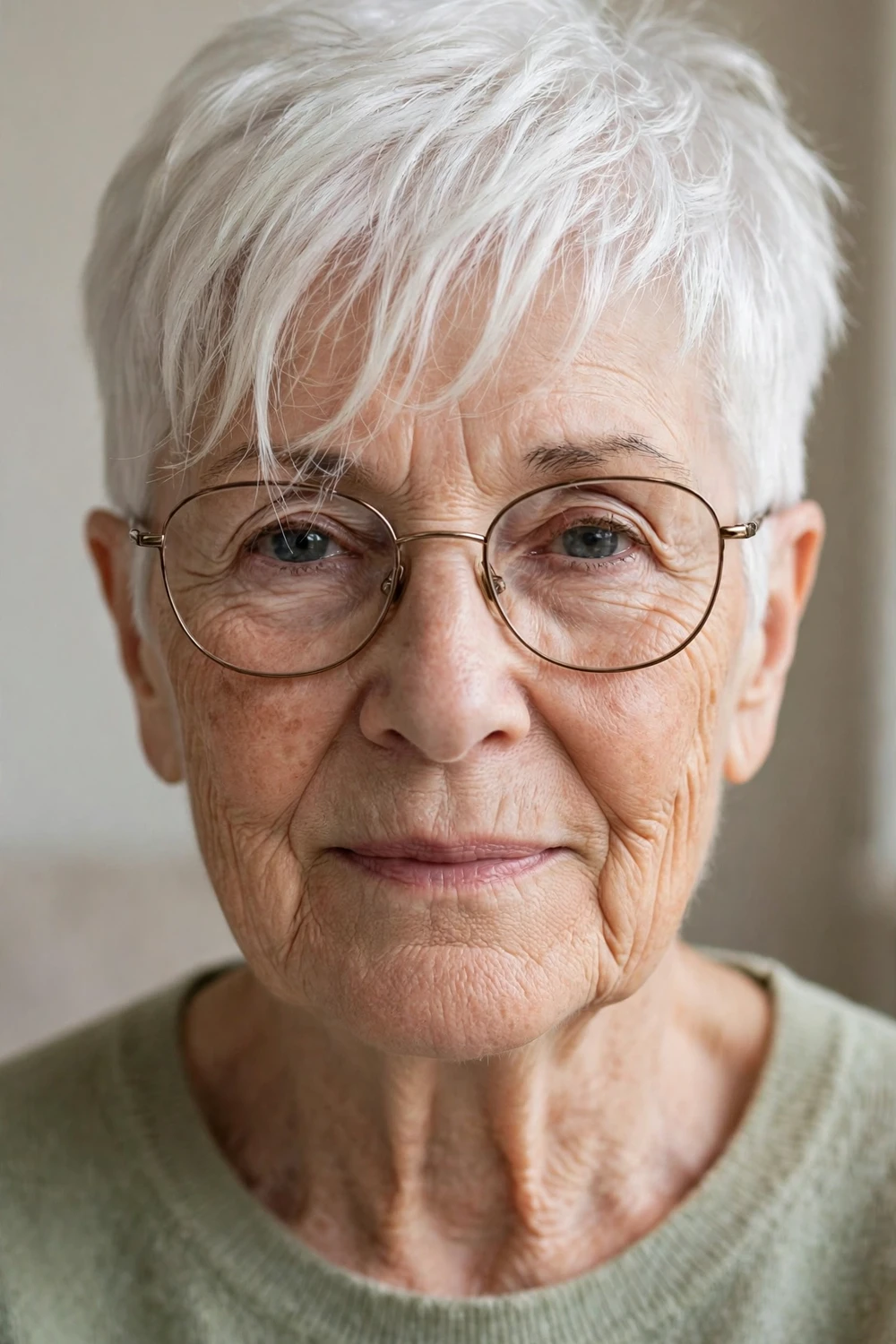 Glasses-friendly wispy white pixie on a woman over 70 wearing glasses
