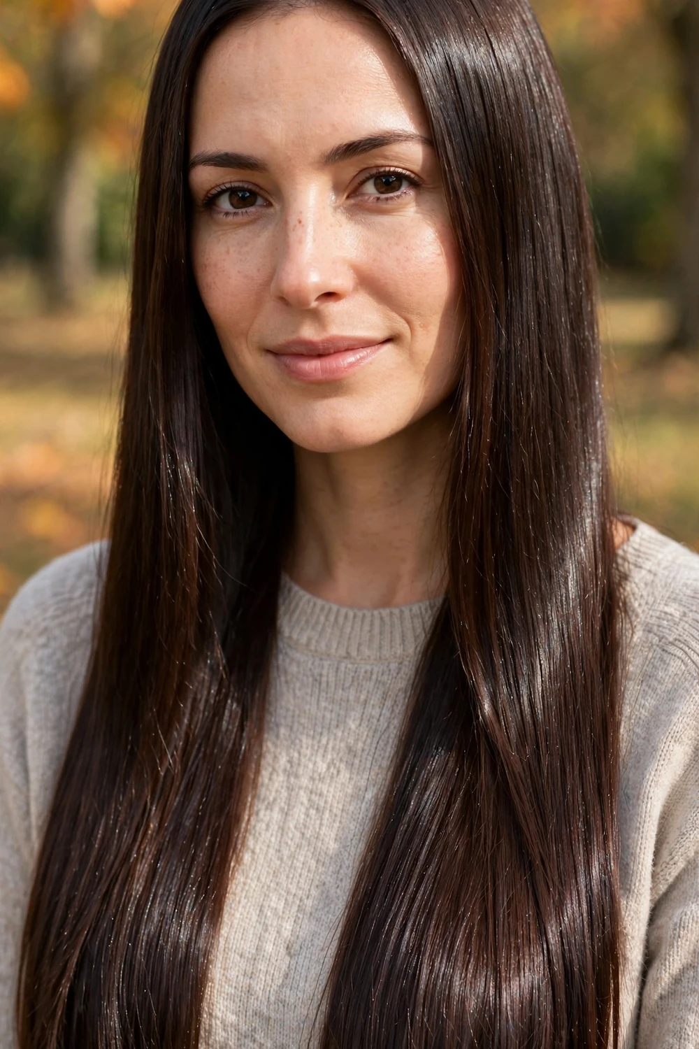 Woman with glazed brown fall hair color