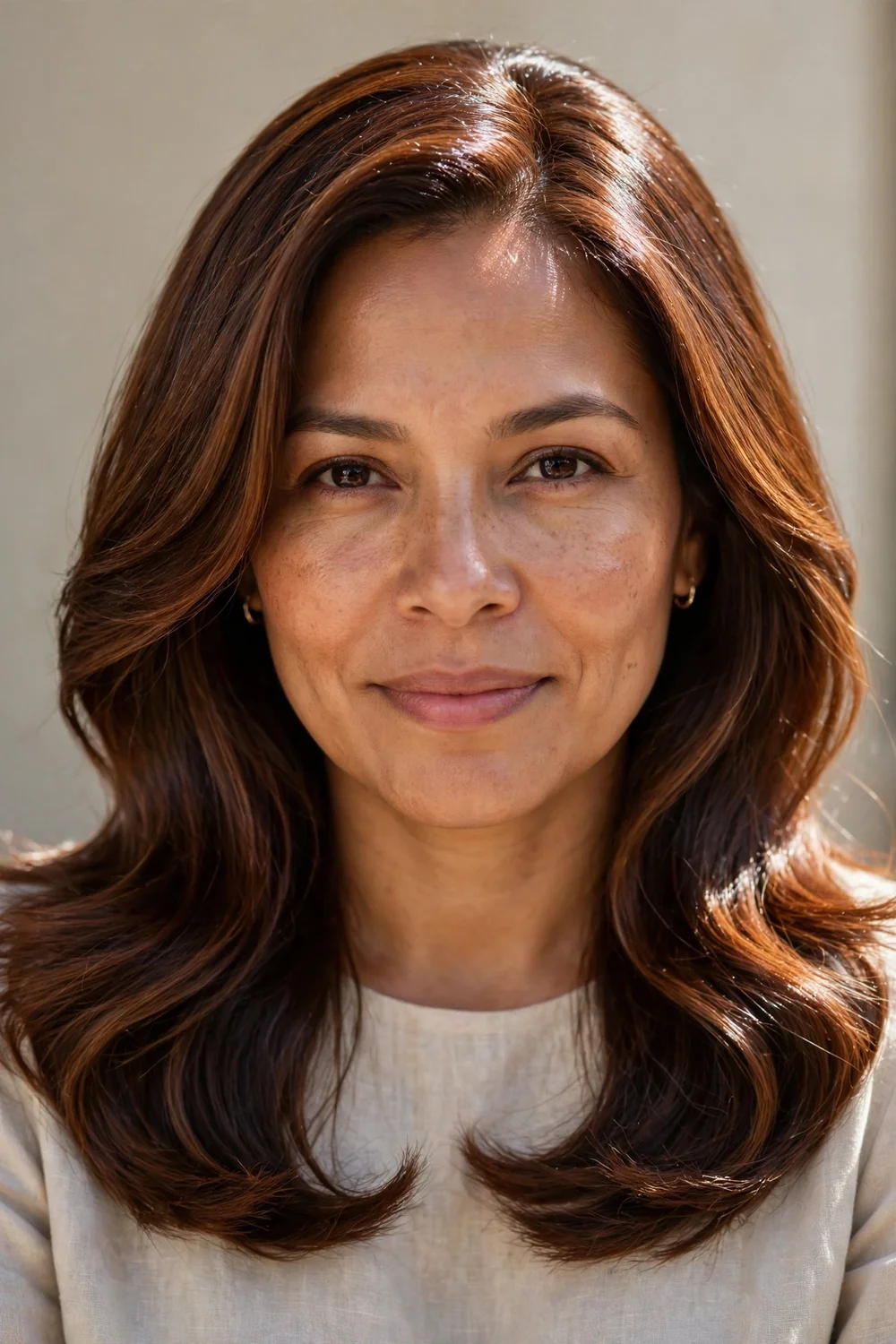 Woman with warm glazed cinnamon highlights on brown hair, glossy finish, natural daylight