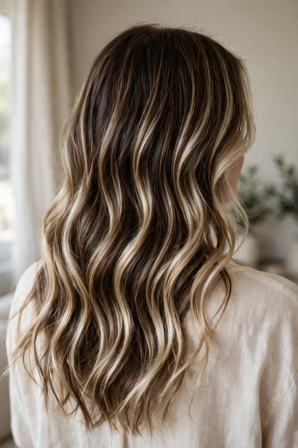 Back view of dark brown wavy hair with glossy creamy blonde balayage tones