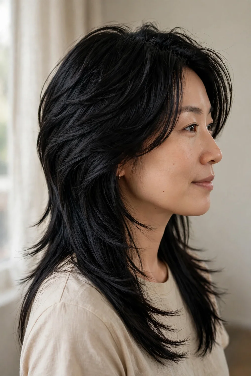 Glossy sleek wolf cut with polished smooth layers on straight black long hair