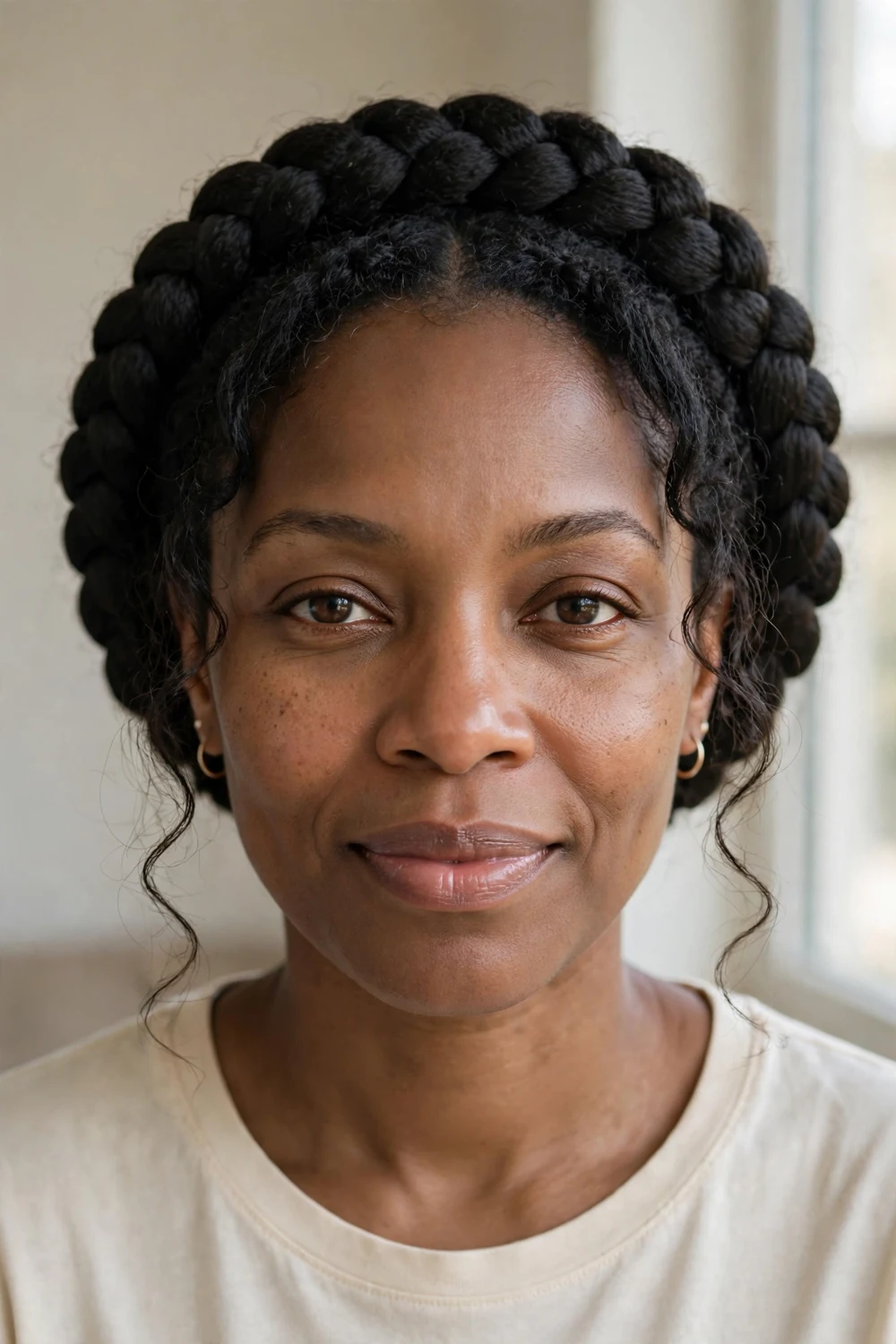 Goddess braid crown wrapped around the head with soft wisps