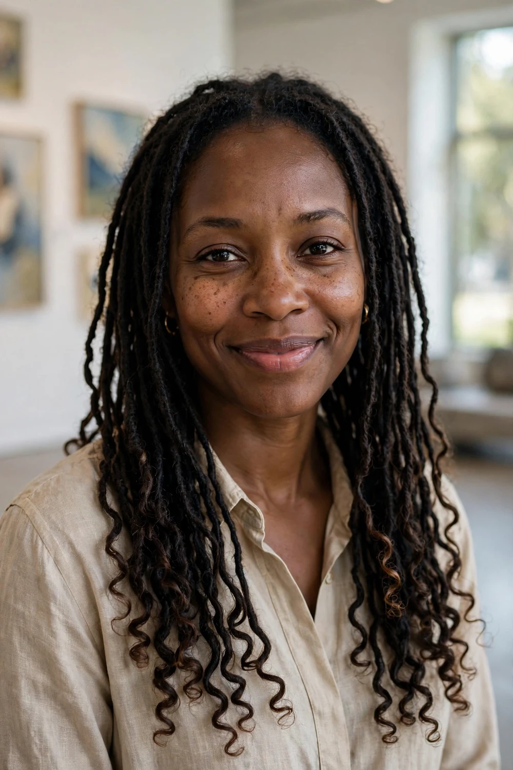 Woman with lightweight goddess locs as a protective style