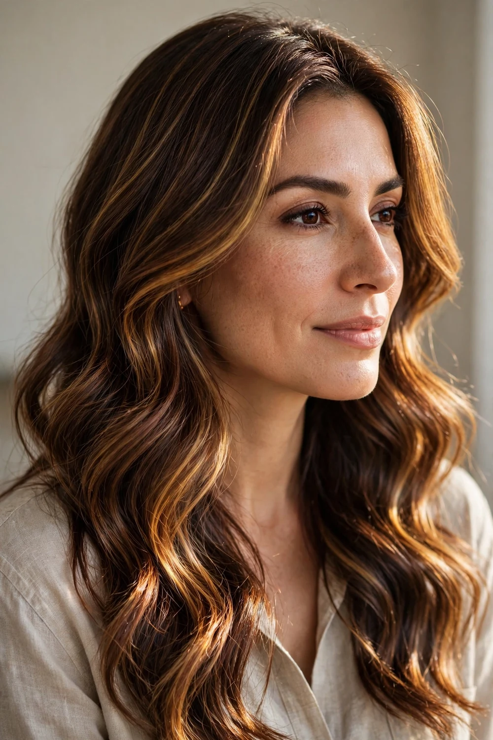 Chocolate brown hair with gold cinnamon waves catching the light