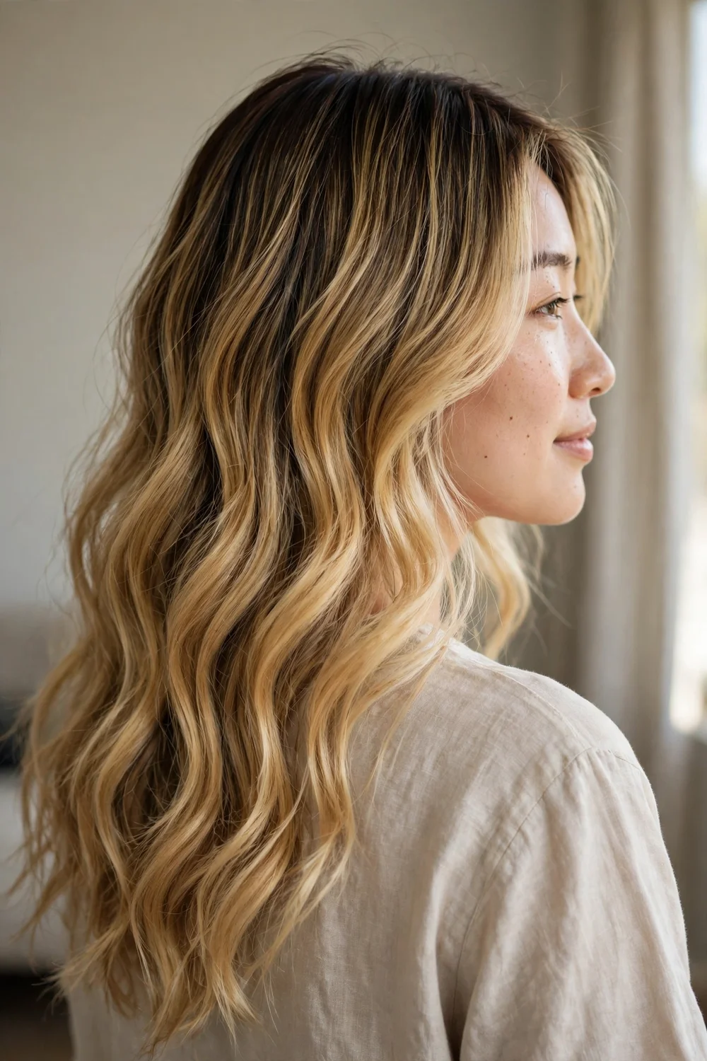Back view of golden beach wave balayage on long hair