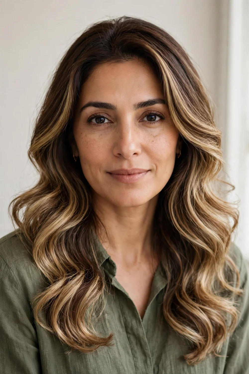 Woman with golden beige blonde balayage on brown hair, warm neutral blonde blend